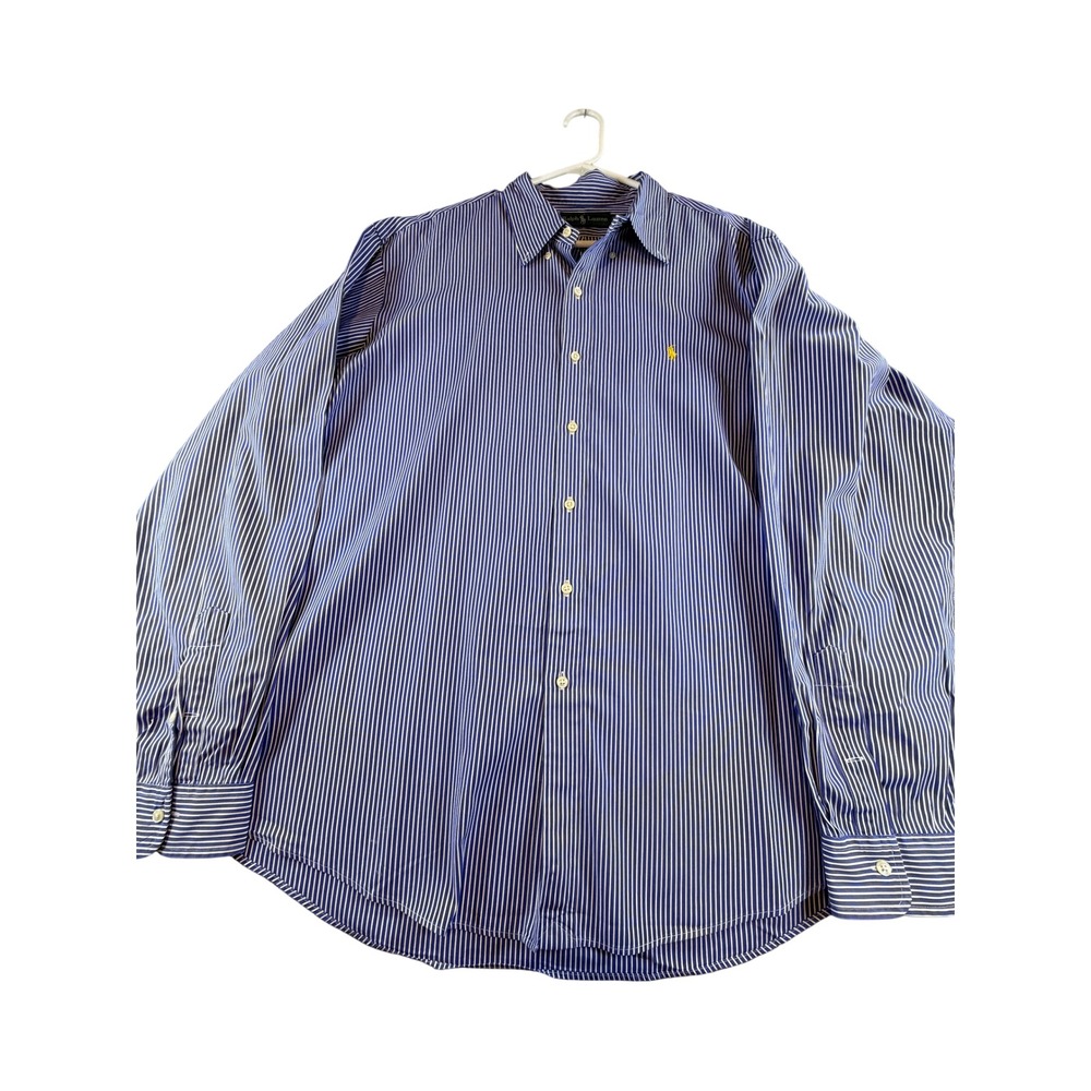 Ralph Lauren Mens XXL Blue White Striped LS Button Down Shirt Yellow Pony